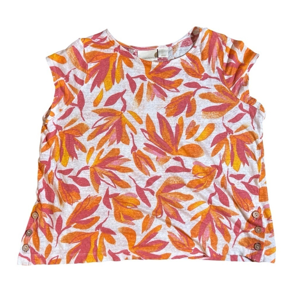 Cynthia Rowley 100% Linen Pink + Orange Painted Flowers on White Size Large